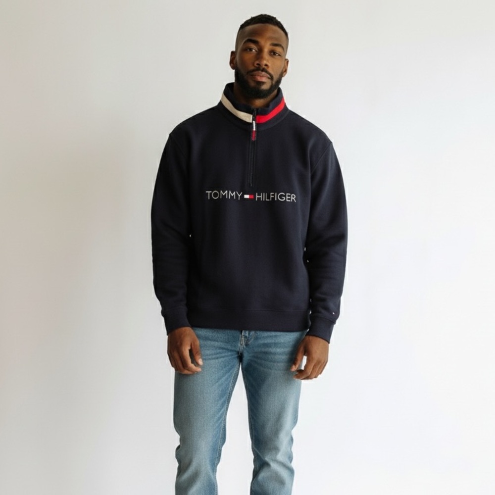 Vintage Tommy Hilfiger Quarter Zip Fleece Pullover Mens Medium Navy Blue 90s Y2K